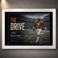 White framed John Elway wall art featuring The Drive tribute, offering a clean display option for NFL collectors.