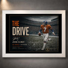 White framed John Elway wall art featuring The Drive tribute, offering a clean display option for NFL collectors.