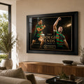 The Drought Ends Greg Inglis and Sam Burgess wall art styled in a bright modern living room above a timber console.