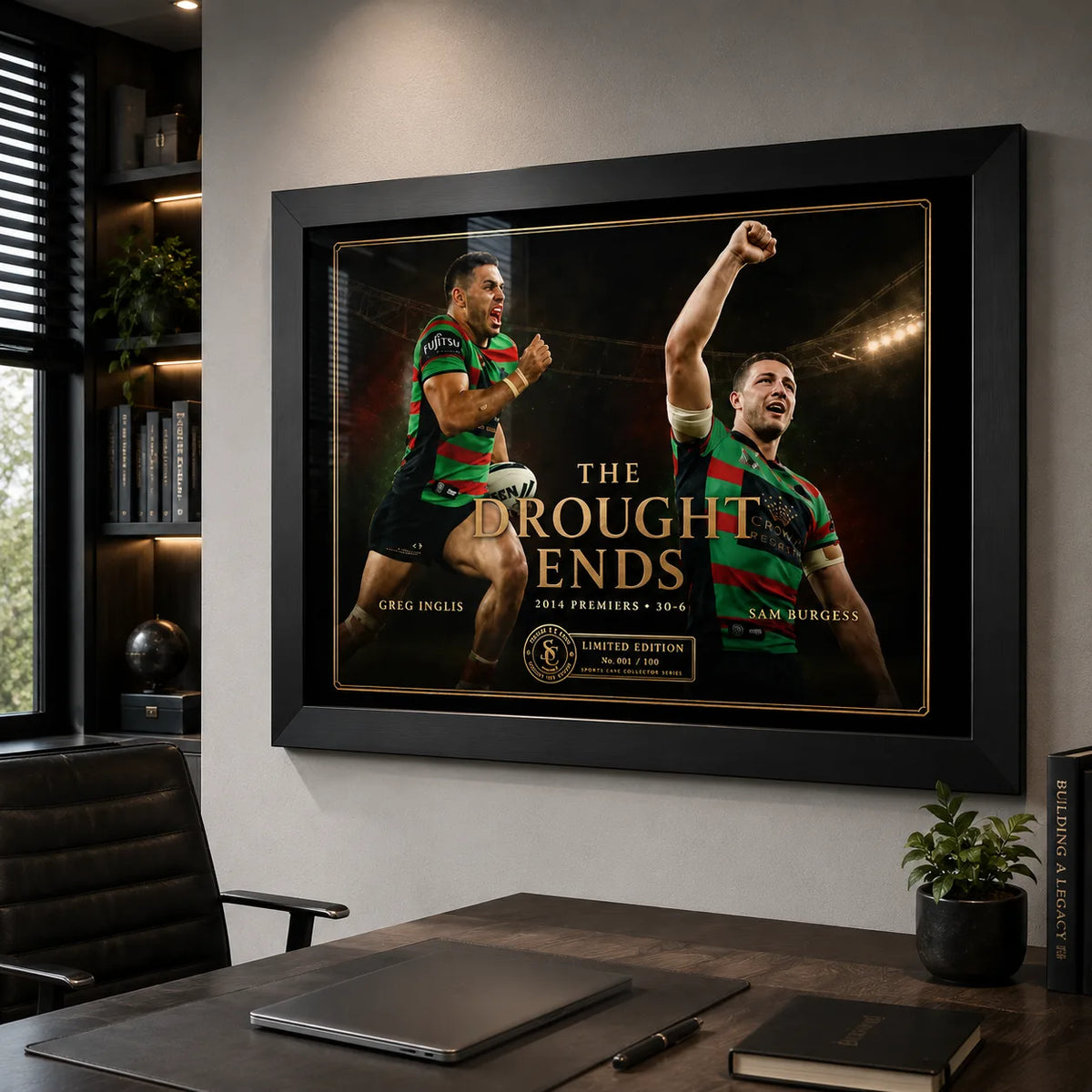 Greg Inglis and Sam Burgess The Drought Ends wall art displayed in a modern office above a timber desk.