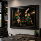 Greg Inglis and Sam Burgess The Drought Ends wall art displayed in a modern office above a timber desk.
