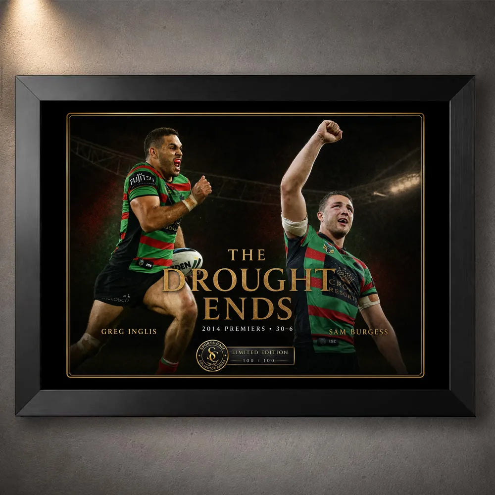 Black framed The Drought Ends Greg Inglis and Sam Burgess rugby league wall art with gold collector detailing.