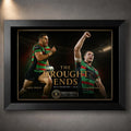 Black framed The Drought Ends Greg Inglis and Sam Burgess rugby league wall art with gold collector detailing.