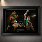 Black framed The Drought Ends Greg Inglis and Sam Burgess rugby league wall art with gold collector detailing.