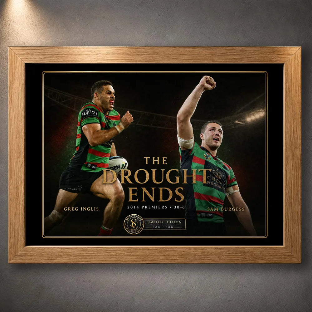 Oak framed The Drought Ends Greg Inglis and Sam Burgess rugby league wall art with gold collector detailing.