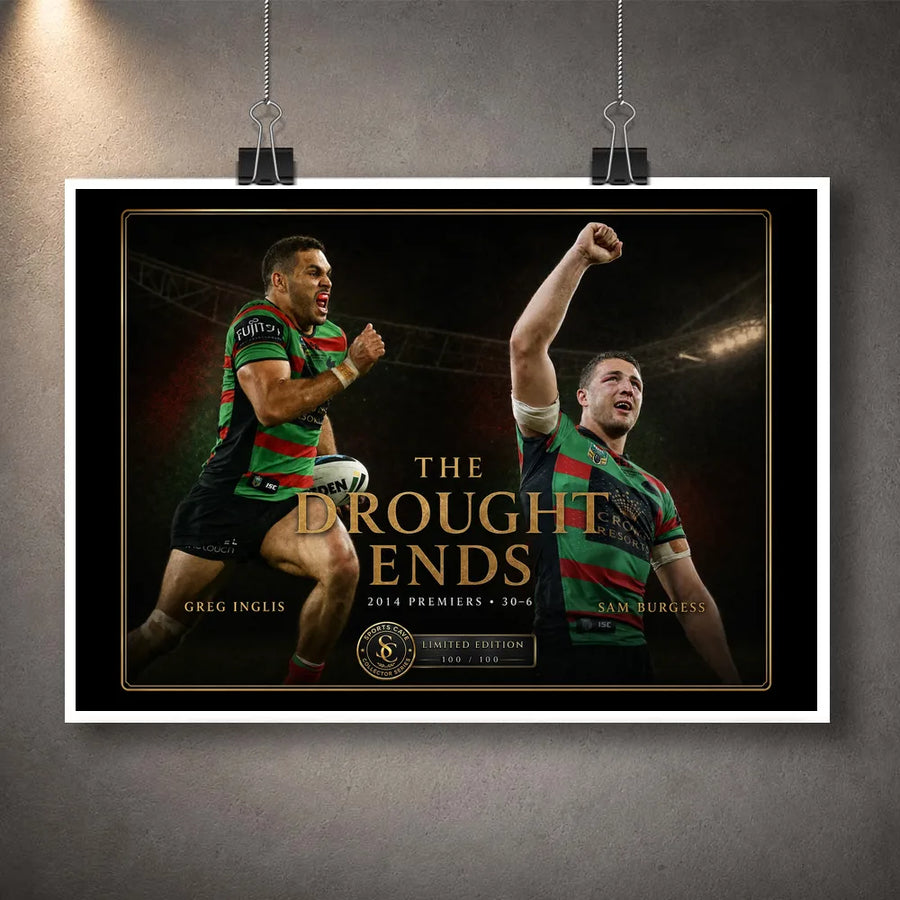 Unframed The Drought Ends Greg Inglis and Sam Burgess rugby league wall art design with gold border and collector plaque.