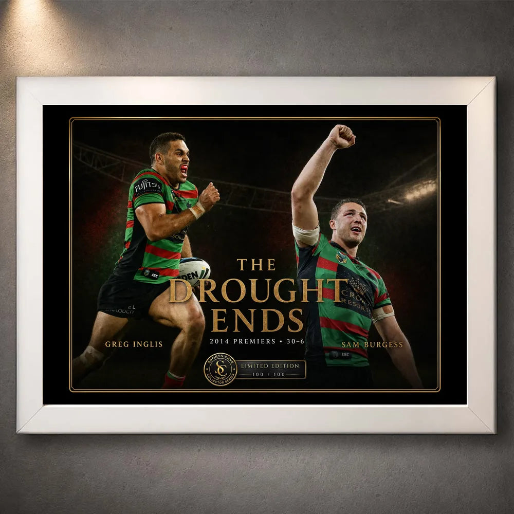 White framed The Drought Ends Greg Inglis and Sam Burgess rugby league wall art with gold collector detailing.