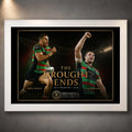 White framed The Drought Ends Greg Inglis and Sam Burgess rugby league wall art with gold collector detailing.
