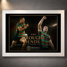 White framed The Drought Ends Greg Inglis and Sam Burgess rugby league wall art with gold collector detailing.