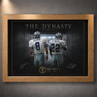 Oak framed Aikman and Smith wall art featuring Dallas #8 and #22 walking together through a stadium tunnel.