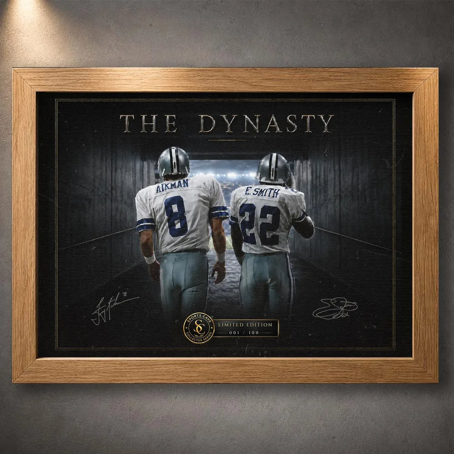 Oak framed Aikman and Smith wall art featuring Dallas #8 and #22 walking together through a stadium tunnel.