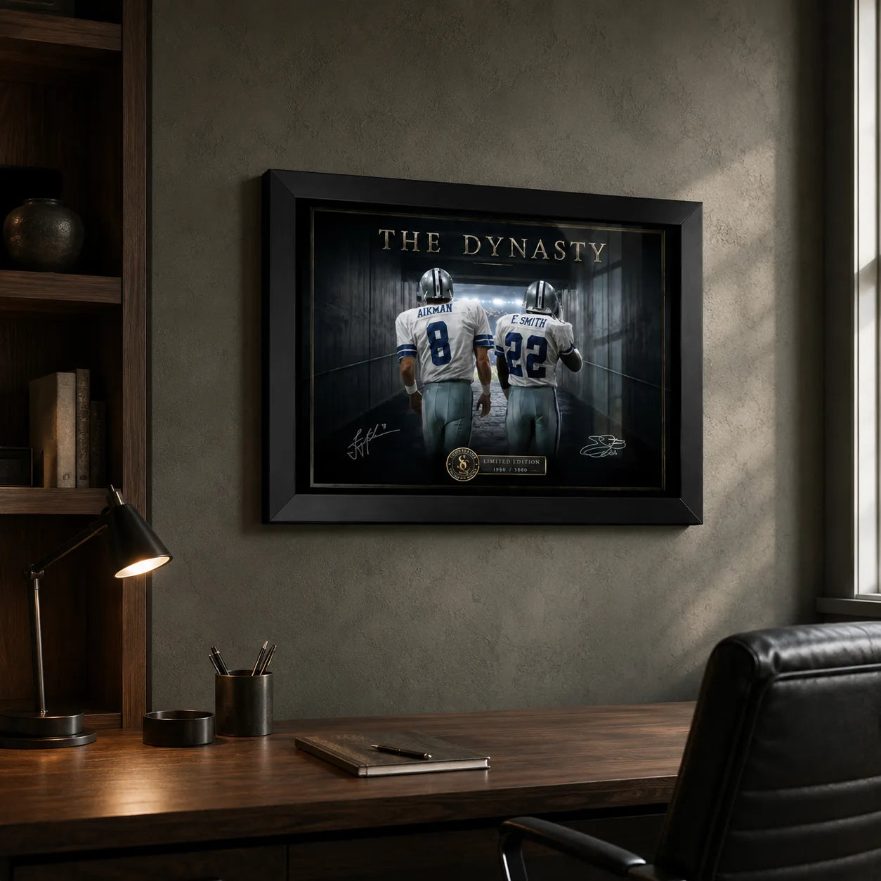 The Dynasty Aikman and Smith wall art displayed in a refined home office above a timber desk in a black frame.