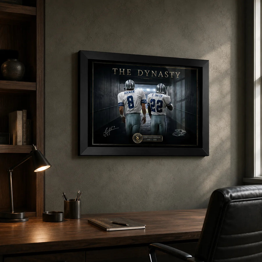 The Dynasty Aikman and Smith wall art displayed in a refined home office above a timber desk in a black frame.