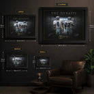 Aikman and Smith wall art size guide showing Small, Medium, Large and XL framed dimensions in centimetres and inches.