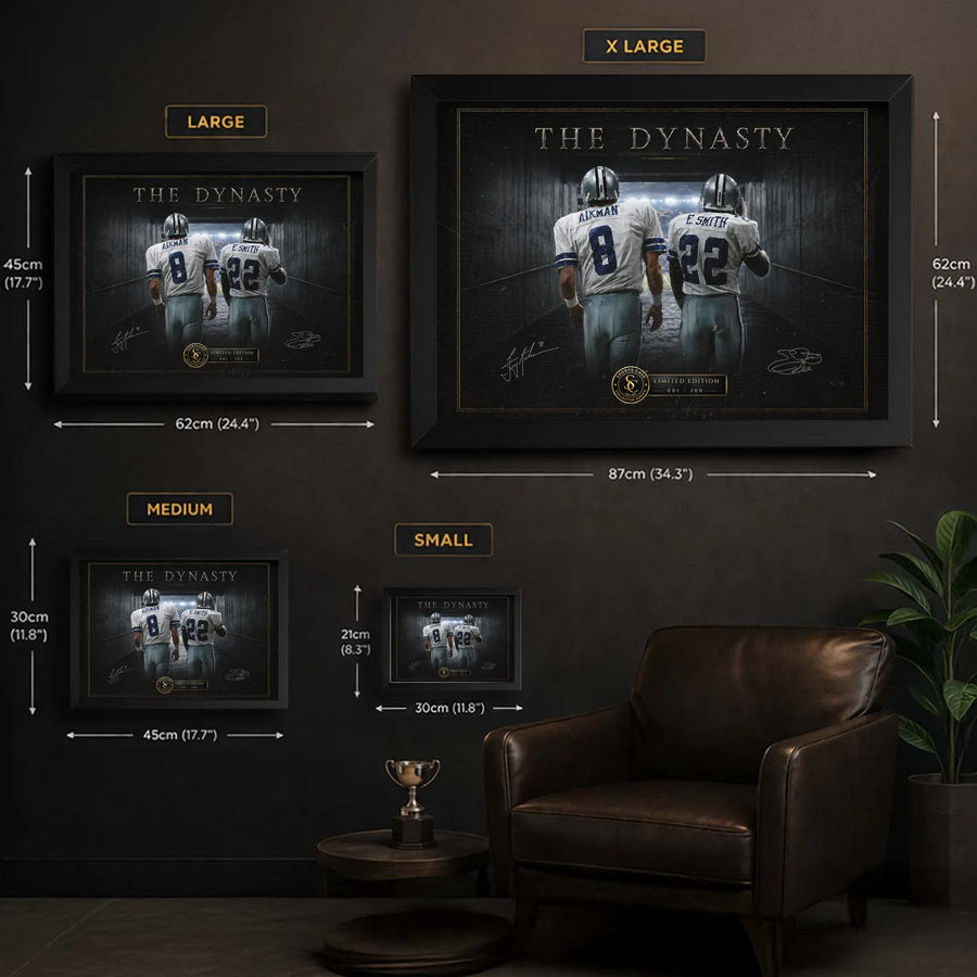 Aikman and Smith wall art size guide showing Small, Medium, Large and XL framed dimensions in centimetres and inches.