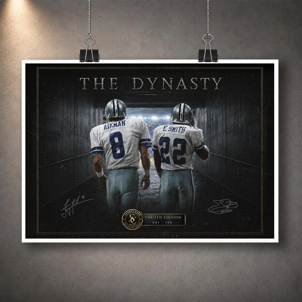 Unframed Aikman and Smith football wall art print featuring The Dynasty design, two signature graphics and collector plaque.