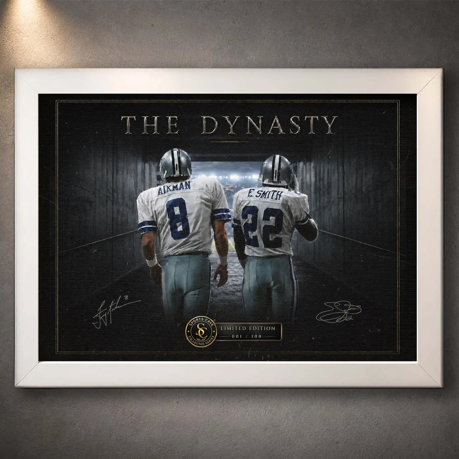 White framed Aikman and Smith wall art featuring The Dynasty design with Dallas #8 and #22 in a dark tunnel.