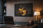 Lakers Dynasty NBA framed sports art displayed in executive office interior with warm lighting.