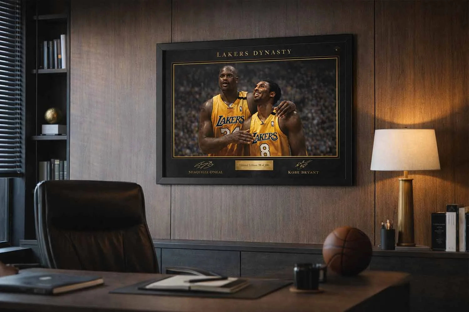 Lakers Dynasty NBA framed sports art displayed in executive office interior with warm lighting.