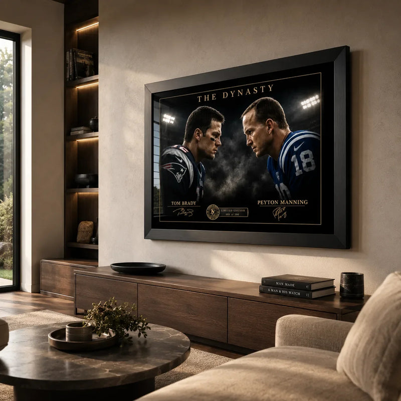 Tom Brady vs Peyton Manning NFL wall art displayed in a warm modern living room above a timber media console