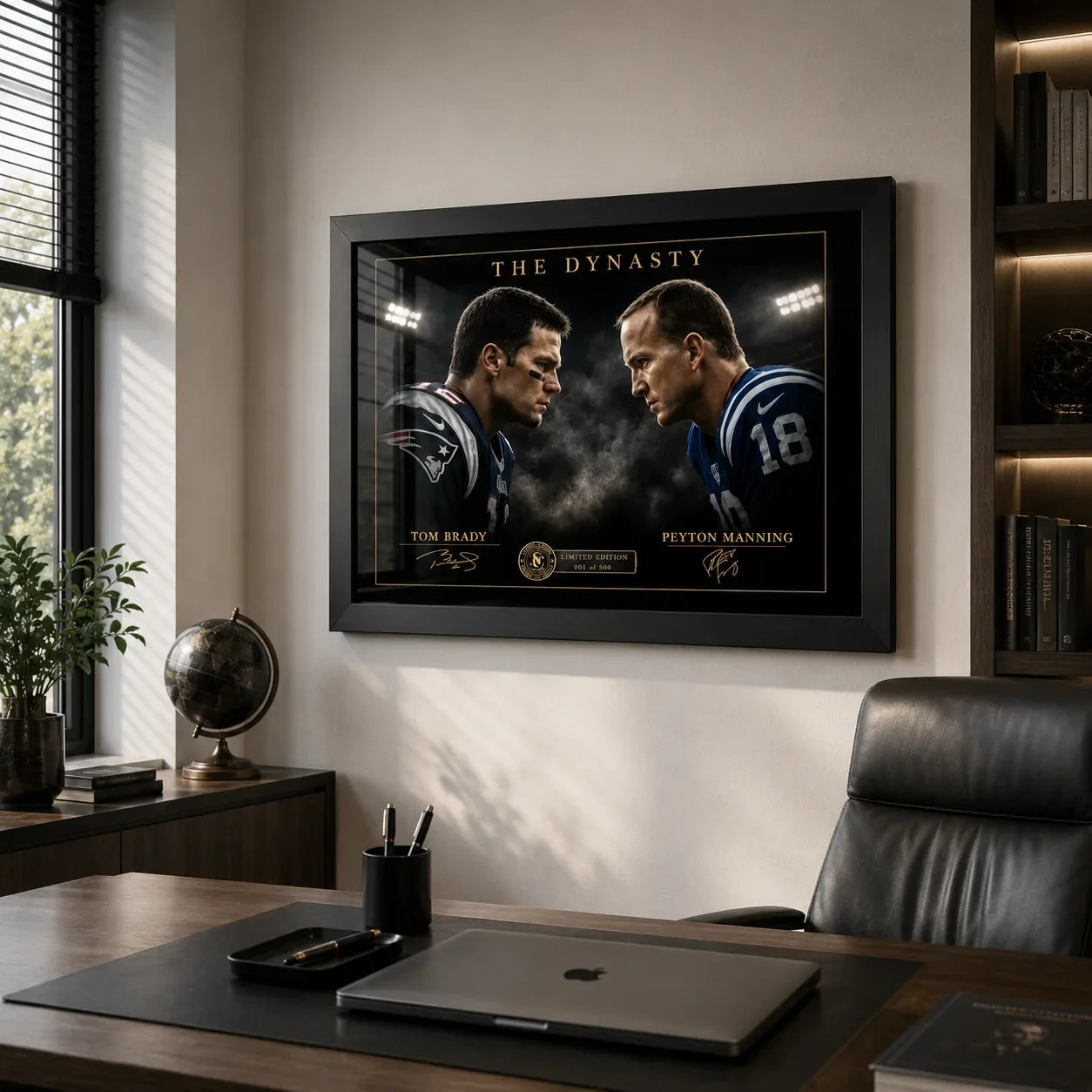 Tom Brady vs Peyton Manning NFL wall art mounted in a modern office above a desk with dark timber furnishings