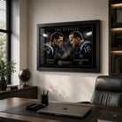 Tom Brady vs Peyton Manning NFL wall art mounted in a modern office above a desk with dark timber furnishings