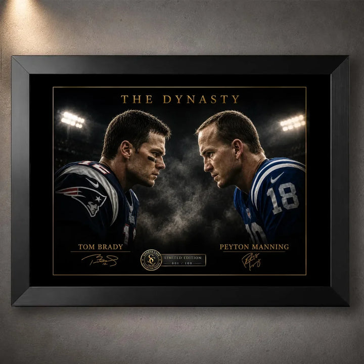 Black framed Tom Brady vs Peyton Manning NFL wall art featuring The Dynasty face-off design with gold collector details