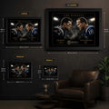 Brady vs Manning NFL wall art size guide showing Small, Medium, Large and X Large framed dimensions