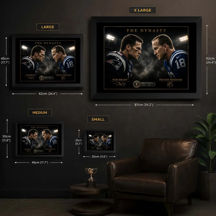 Brady vs Manning NFL wall art size guide showing Small, Medium, Large and X Large framed dimensions