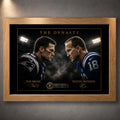 Oak framed Tom Brady vs Peyton Manning NFL wall art featuring The Dynasty rivalry artwork with gold accents