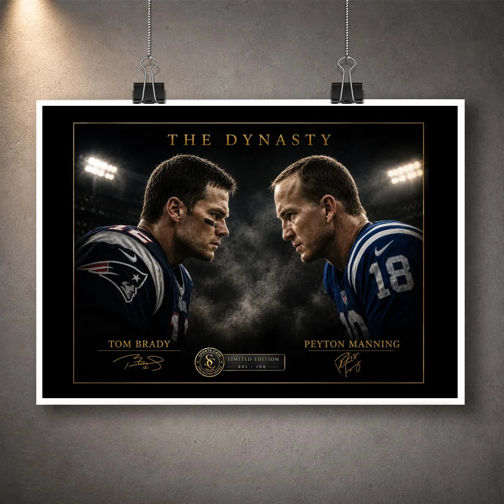 Unframed Tom Brady vs Peyton Manning NFL wall art print featuring The Dynasty face-off collector design