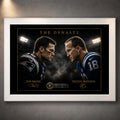 White framed Tom Brady vs Peyton Manning NFL wall art featuring The Dynasty rivalry design on a textured wall