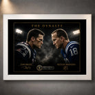 White framed Tom Brady vs Peyton Manning NFL wall art featuring The Dynasty rivalry design on a textured wall