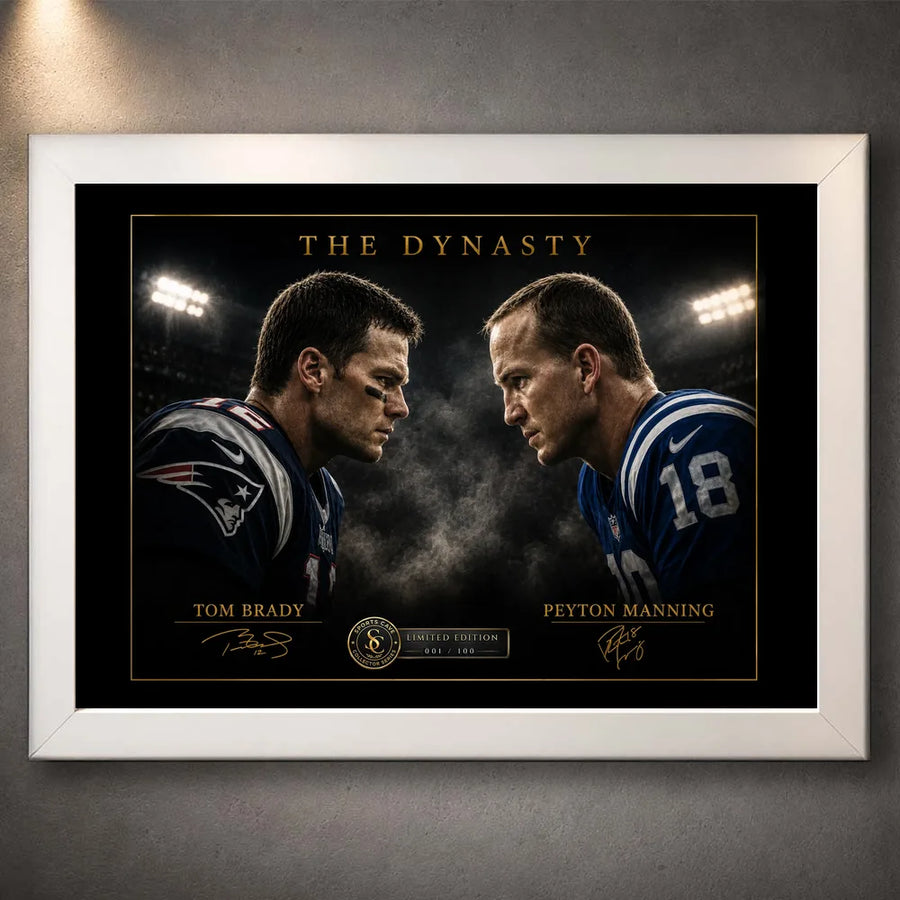 White framed Tom Brady vs Peyton Manning NFL wall art featuring The Dynasty rivalry design on a textured wall