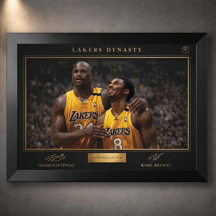 Shaquille O’Neal and Kobe Bryant Lakers Dynasty NBA wall art shown in a premium black frame.