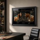 Framed basketball artwork displayed in a modern office above a desk