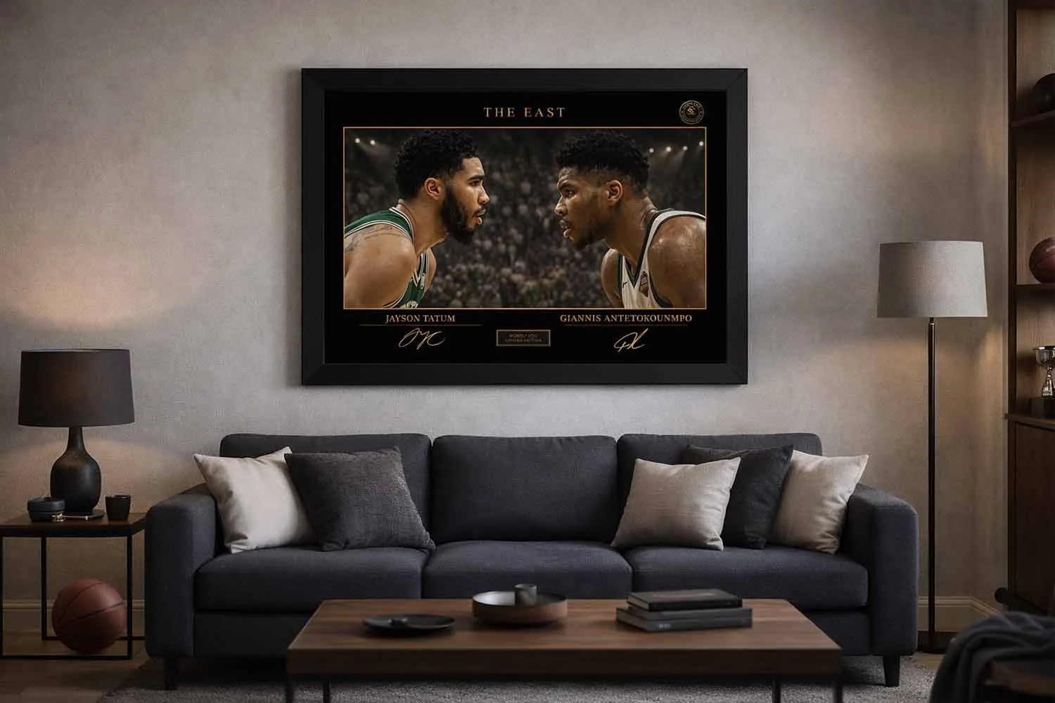 Black framed Tatum vs Giannis wall art displayed in modern man cave, bold man cave wall décor centerpiece