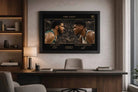 Tatum vs Giannis framed artwork in executive office setting, premium sports collectibles with sleek interior styling