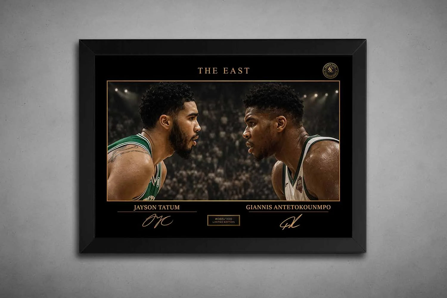 Jayson Tatum vs Giannis Antetokounmpo NBA showdown artwork in black frame, premium framed sports art with gold details