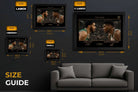 Size guide for Tatum vs Giannis framed NBA artwork showing multiple dimensions, ideal framed sports memorabilia reference