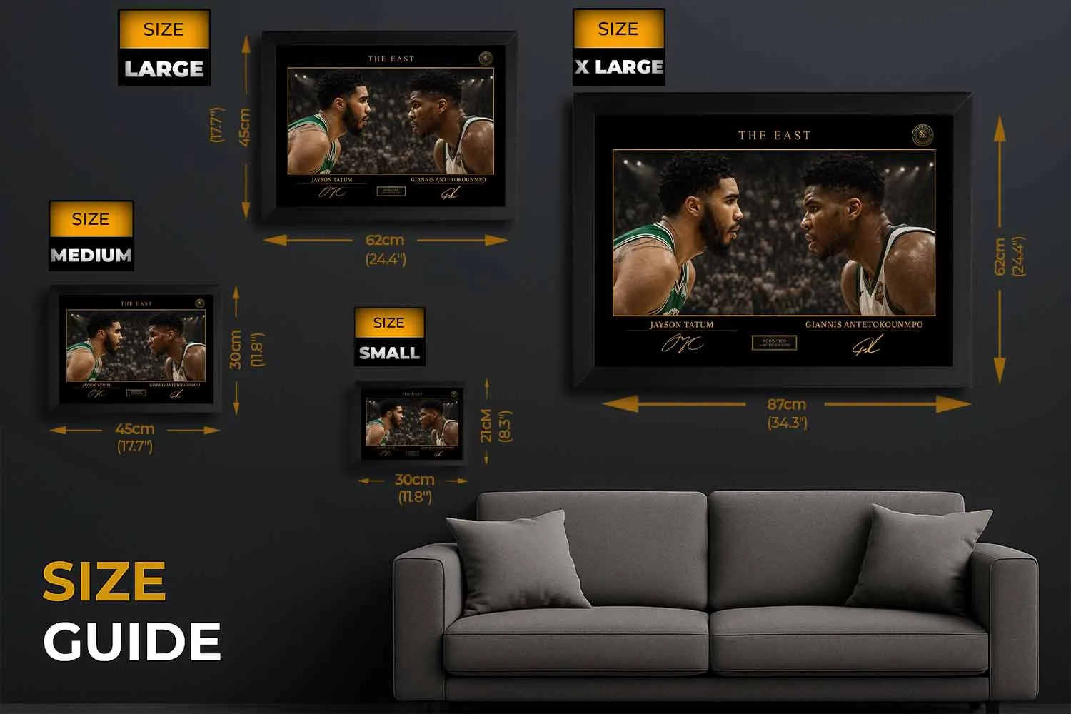 Size guide for Tatum vs Giannis framed NBA artwork showing multiple dimensions, ideal framed sports memorabilia reference