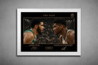Jayson Tatum vs Giannis Antetokounmpo print in white frame, clean sports wall art with refined modern finish