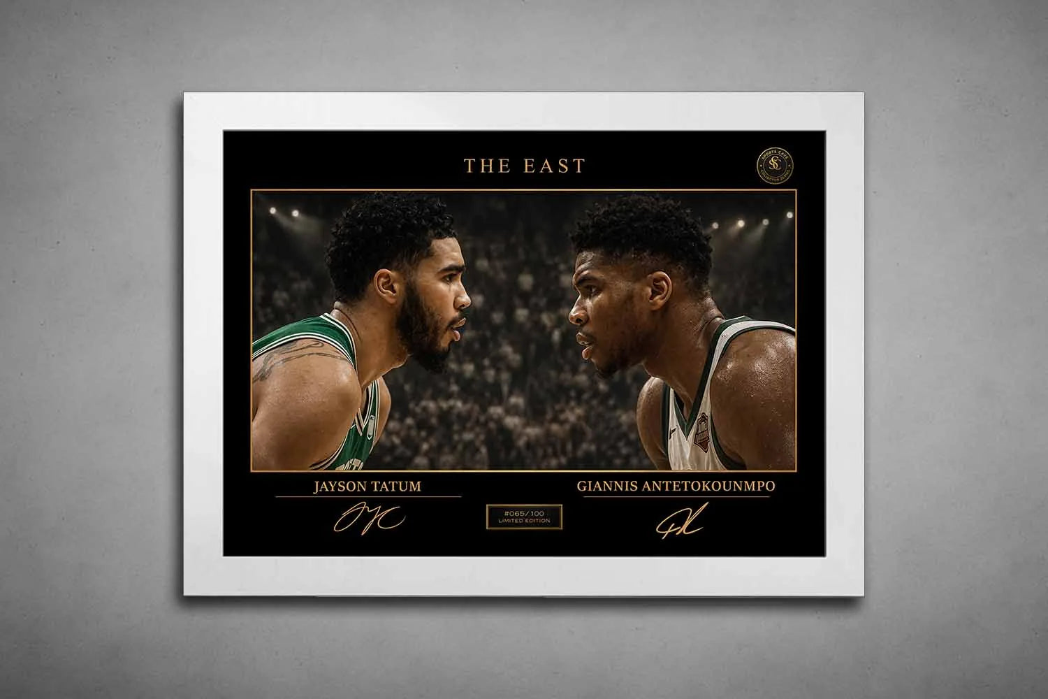 Jayson Tatum vs Giannis Antetokounmpo print in white frame, clean sports wall art with refined modern finish