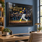The Eleventh Pitch Jake Bauers wall art in a black frame above a desk in a bright home office.