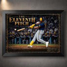 Black framed Jake Bauers wall art featuring The Eleventh Pitch baseball design in Milwaukee Brewers colours.