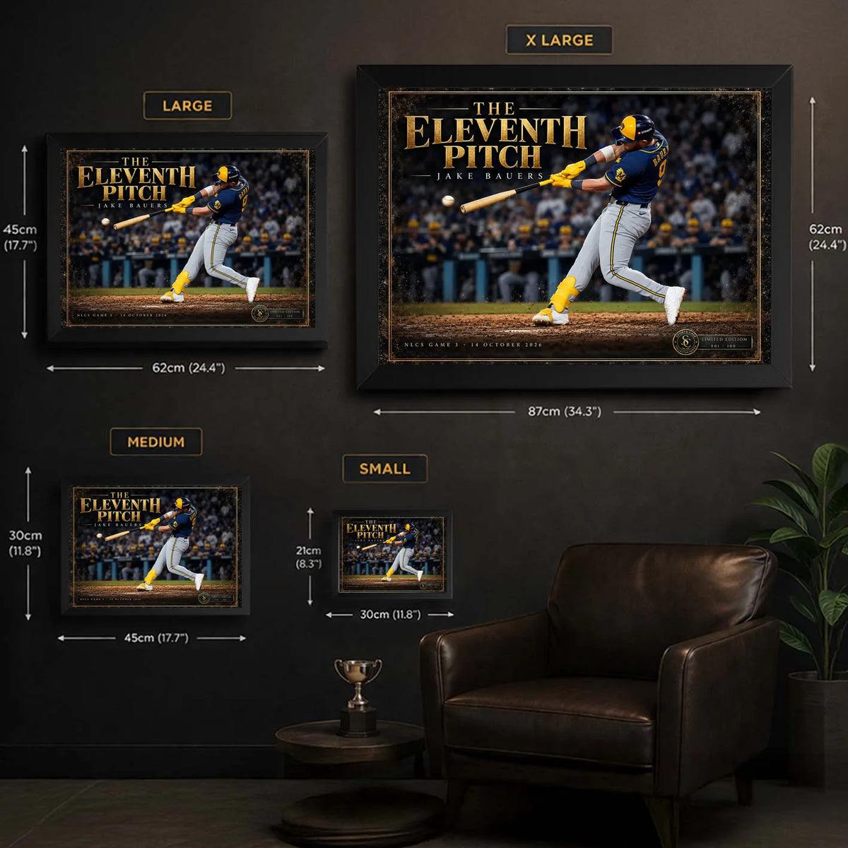 Jake Bauers wall art size guide comparing small, medium, large and extra-large framed baseball prints.
