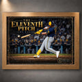 Oak framed Jake Bauers wall art with The Eleventh Pitch design and a gold border around the baseball scene.