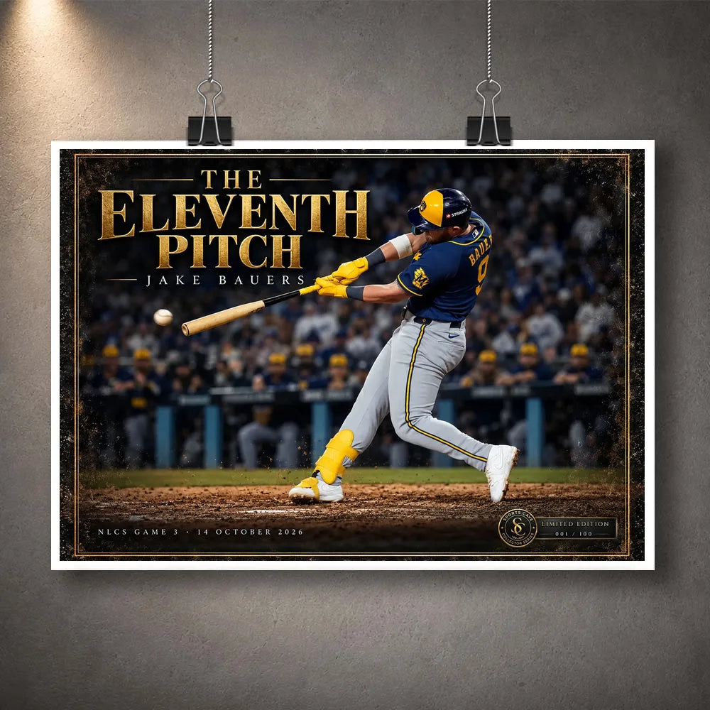 Unframed Jake Bauers wall art showing The Eleventh Pitch baseball design suspended from display clips.