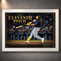 White framed Jake Bauers wall art showing The Eleventh Pitch design against a dark stadium background.