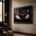 The Era Barry Bonds and Ken Griffey Jr. baseball wall art displayed in a warm, premium living room setting.